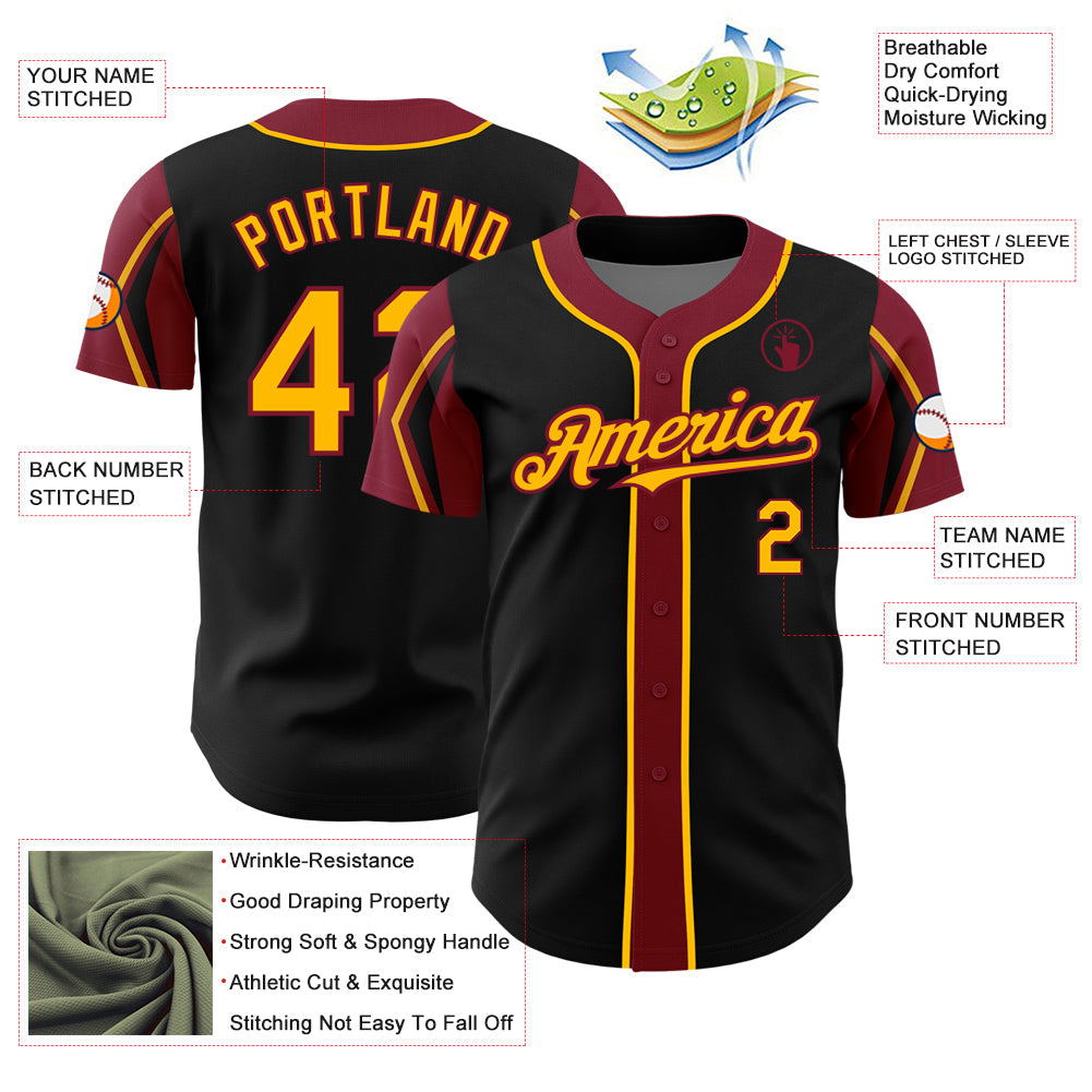 Custom Black Gold-Crimson 3 Colors Arm Shapes Authentic Baseball Jersey - Sky-Custom