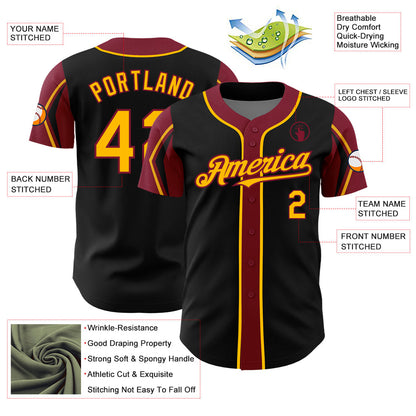 Custom Black Gold-Crimson 3 Colors Arm Shapes Authentic Baseball Jersey - Sky-Custom