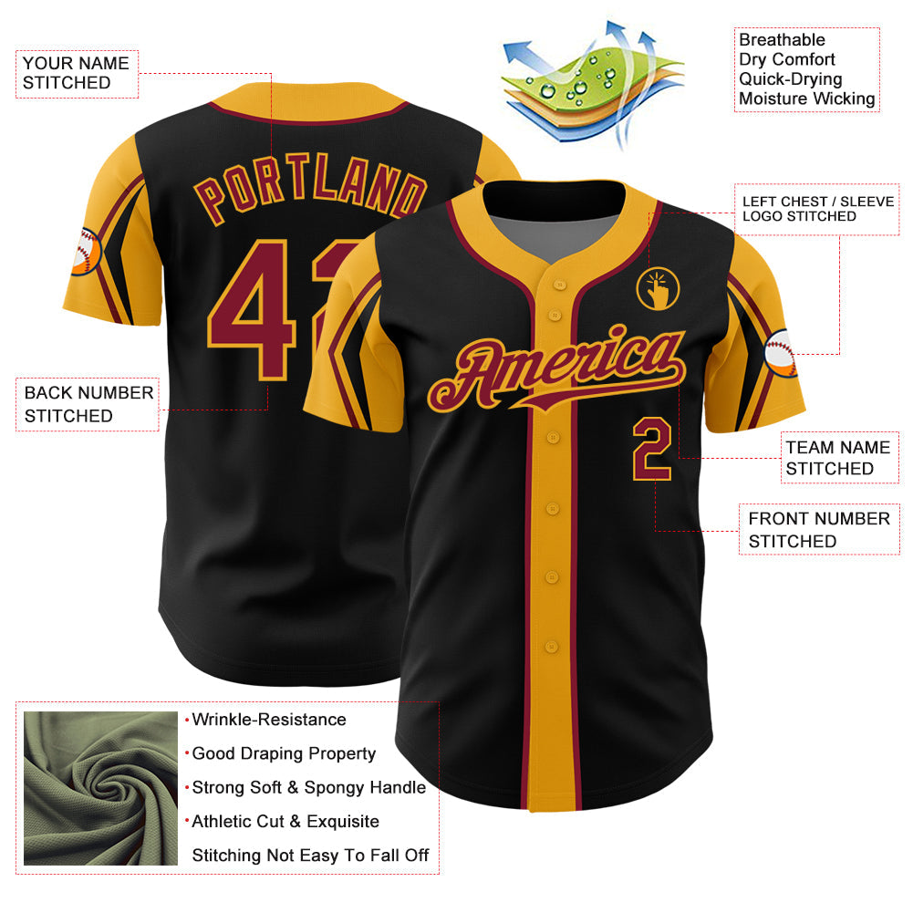 Custom Black Crimson-Gold 3 Colors Arm Shapes Authentic Baseball Jersey - Sky-Custom