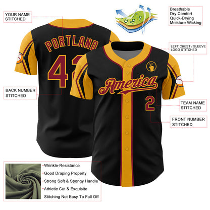 Custom Black Crimson-Gold 3 Colors Arm Shapes Authentic Baseball Jersey - Sky-Custom