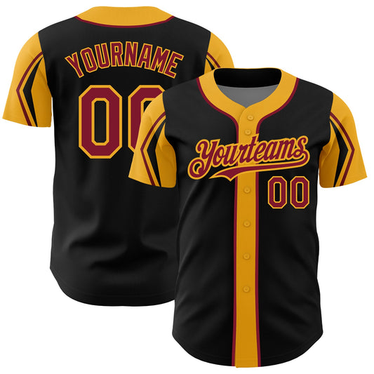 Custom Black Crimson-Gold 3 Colors Arm Shapes Authentic Baseball Jersey - Sky-Custom