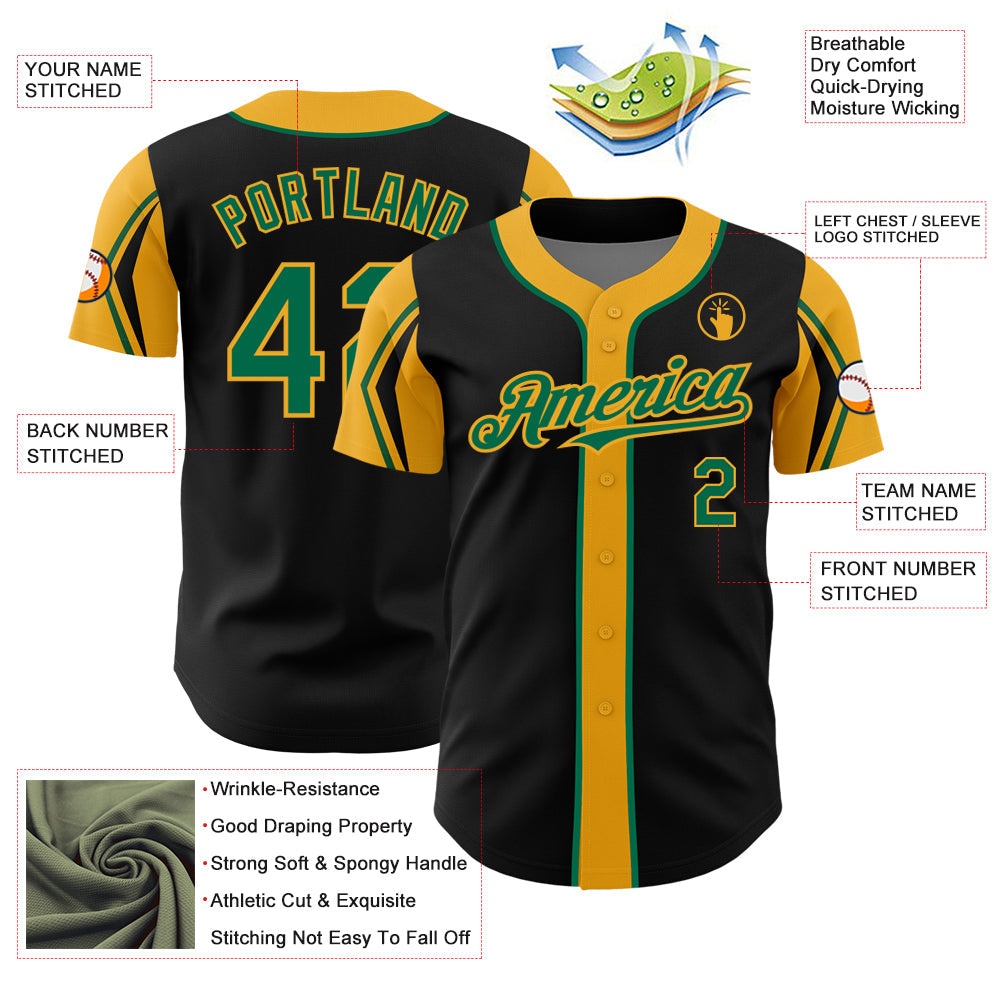 Custom Black Kelly Green-Gold 3 Colors Arm Shapes Authentic Baseball Jersey - Sky-Custom