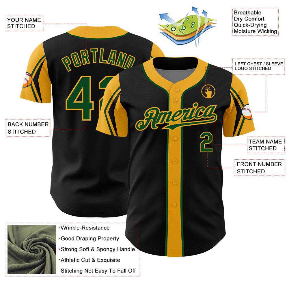 Custom Black Green-Gold 3 Colors Arm Shapes Authentic Baseball Jersey - Sky-Custom