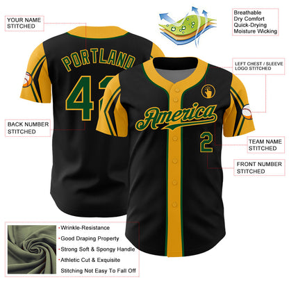 Custom Black Green-Gold 3 Colors Arm Shapes Authentic Baseball Jersey - Sky-Custom
