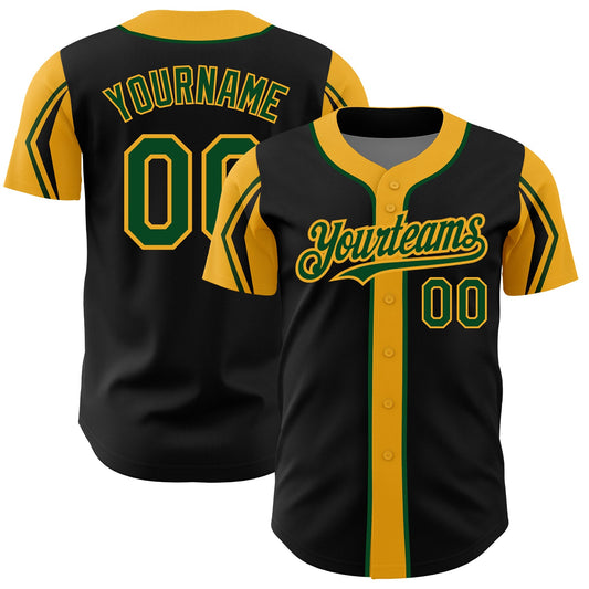 Custom Black Green-Gold 3 Colors Arm Shapes Authentic Baseball Jersey - Sky-Custom