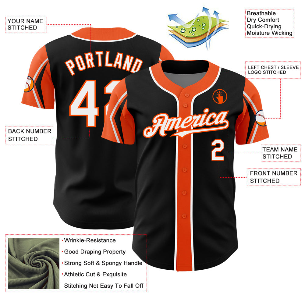 Custom Black White-Orange 3 Colors Arm Shapes Authentic Baseball Jersey - Sky-Custom