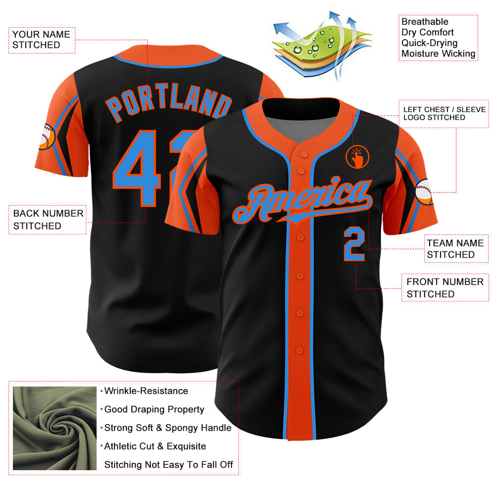 Custom Black Electric Blue-Orange 3 Colors Arm Shapes Authentic Baseball Jersey - Sky-Custom