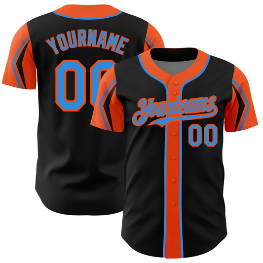 Custom Black Electric Blue-Orange 3 Colors Arm Shapes Authentic Baseball Jersey - Sky-Custom