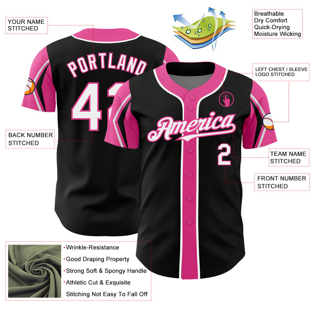 Custom Black White-Pink 3 Colors Arm Shapes Authentic Baseball Jersey - Sky-Custom