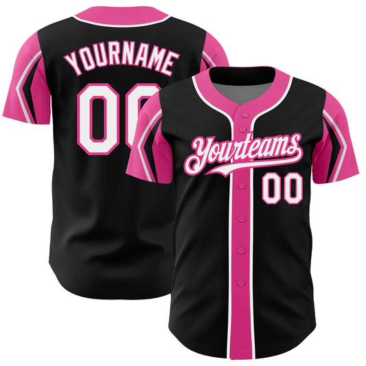 Custom Black White-Pink 3 Colors Arm Shapes Authentic Baseball Jersey - Sky-Custom