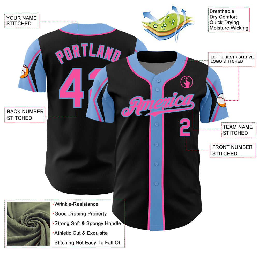 Custom Black Pink-Light Blue 3 Colors Arm Shapes Authentic Baseball Jersey - Sky-Custom