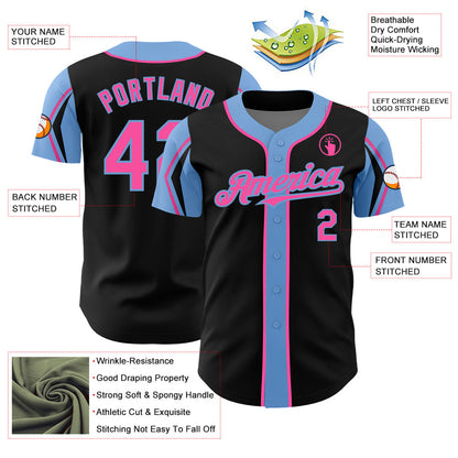 Custom Black Pink-Light Blue 3 Colors Arm Shapes Authentic Baseball Jersey - Sky-Custom