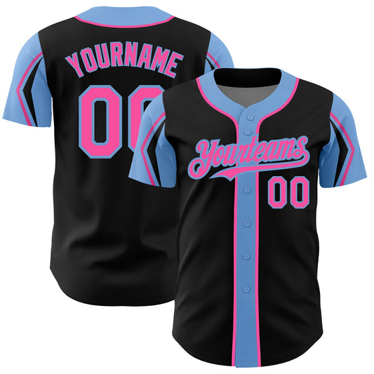 Custom Black Pink-Light Blue 3 Colors Arm Shapes Authentic Baseball Jersey - Sky-Custom