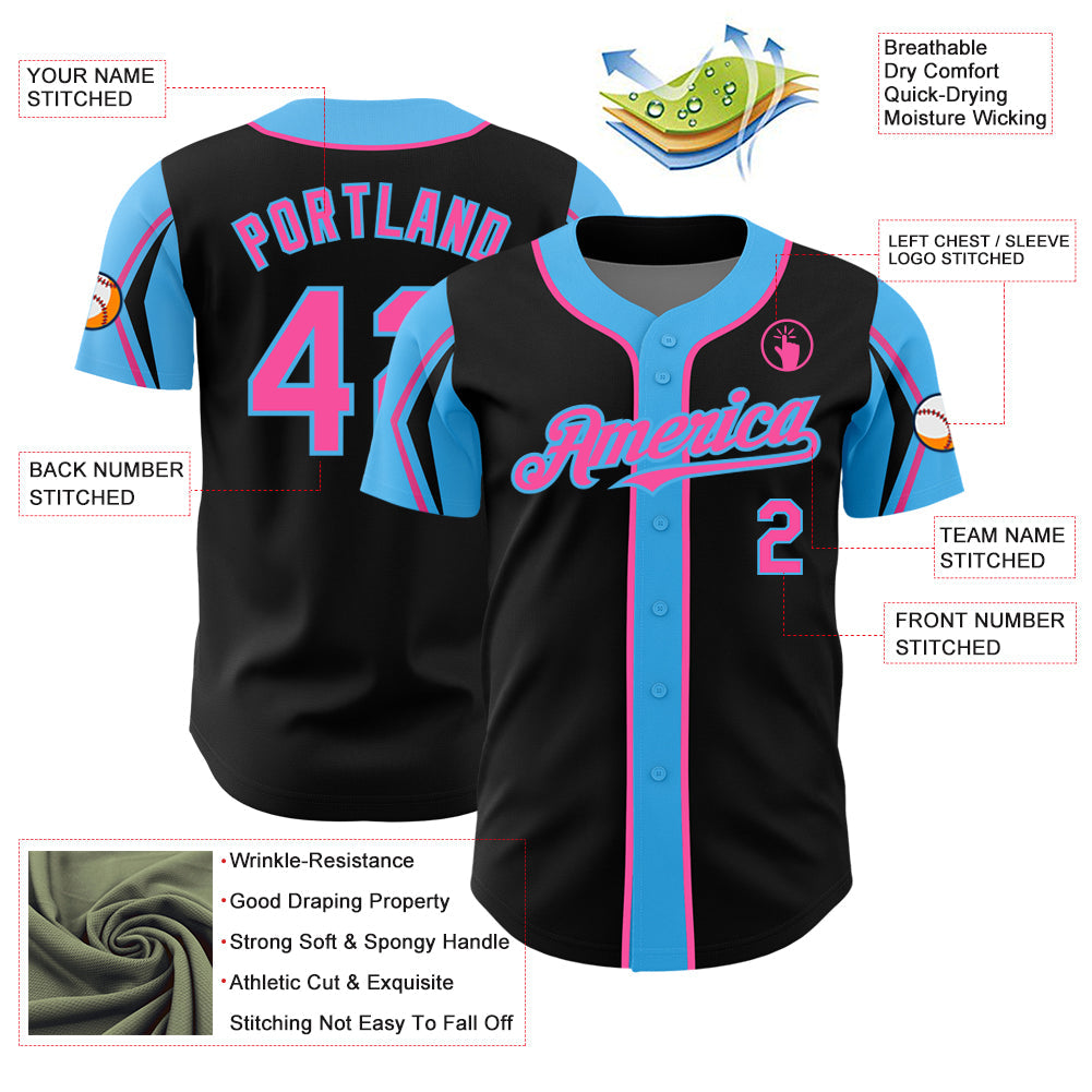 Custom Black Pink-Sky Blue 3 Colors Arm Shapes Authentic Baseball Jersey - Sky-Custom