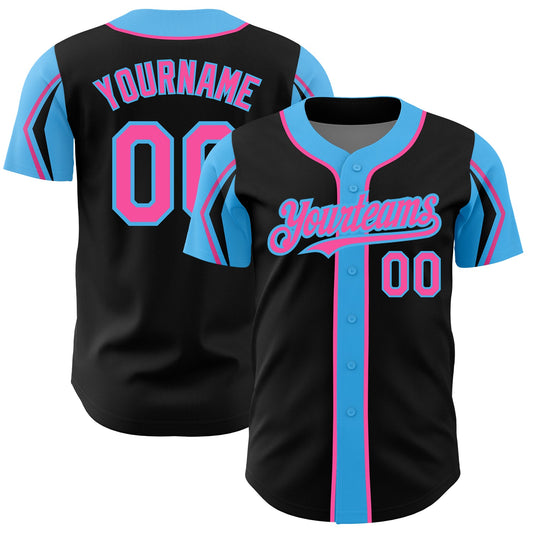 Custom Black Pink-Sky Blue 3 Colors Arm Shapes Authentic Baseball Jersey - Sky-Custom