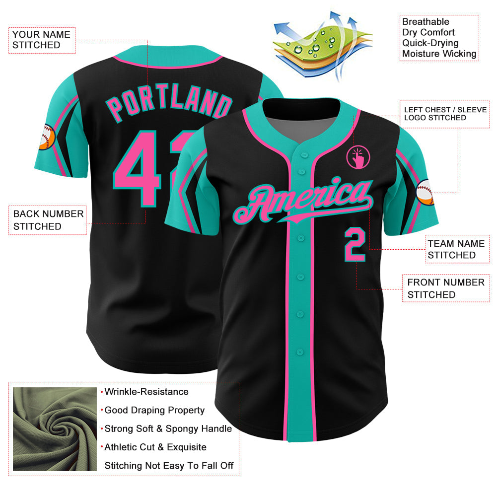 Custom Black Pink-Aqua 3 Colors Arm Shapes Authentic Baseball Jersey - Sky-Custom