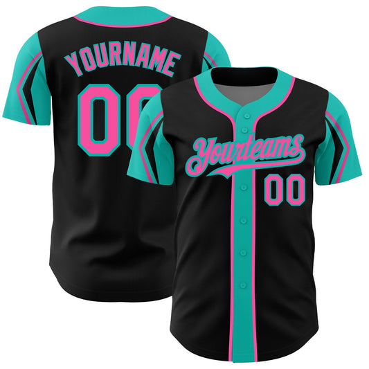Custom Black Pink-Aqua 3 Colors Arm Shapes Authentic Baseball Jersey - Sky-Custom