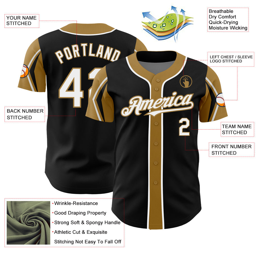 Custom Black White-Old Gold 3 Colors Arm Shapes Authentic Baseball Jersey - Sky-Custom