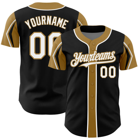 Custom Black White-Old Gold 3 Colors Arm Shapes Authentic Baseball Jersey - Sky-Custom