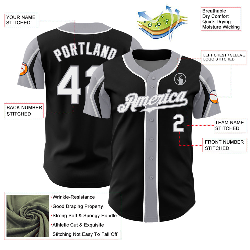 Custom Black White-Gray 3 Colors Arm Shapes Authentic Baseball Jersey - Sky-Custom