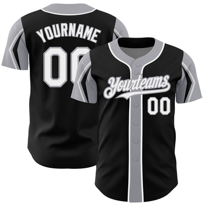 Custom Black White-Gray 3 Colors Arm Shapes Authentic Baseball Jersey - Sky-Custom