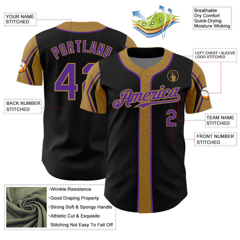 Custom Black Purple-Old Gold 3 Colors Arm Shapes Authentic Baseball Jersey - Sky-Custom
