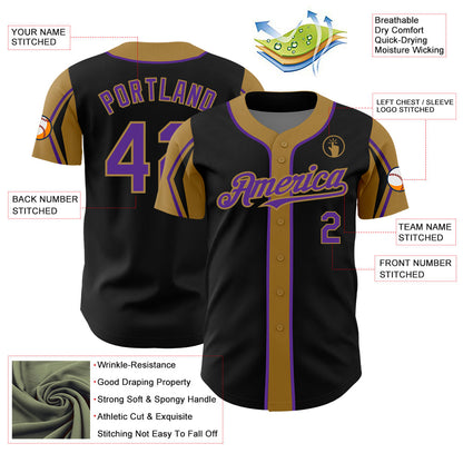 Custom Black Purple-Old Gold 3 Colors Arm Shapes Authentic Baseball Jersey - Sky-Custom