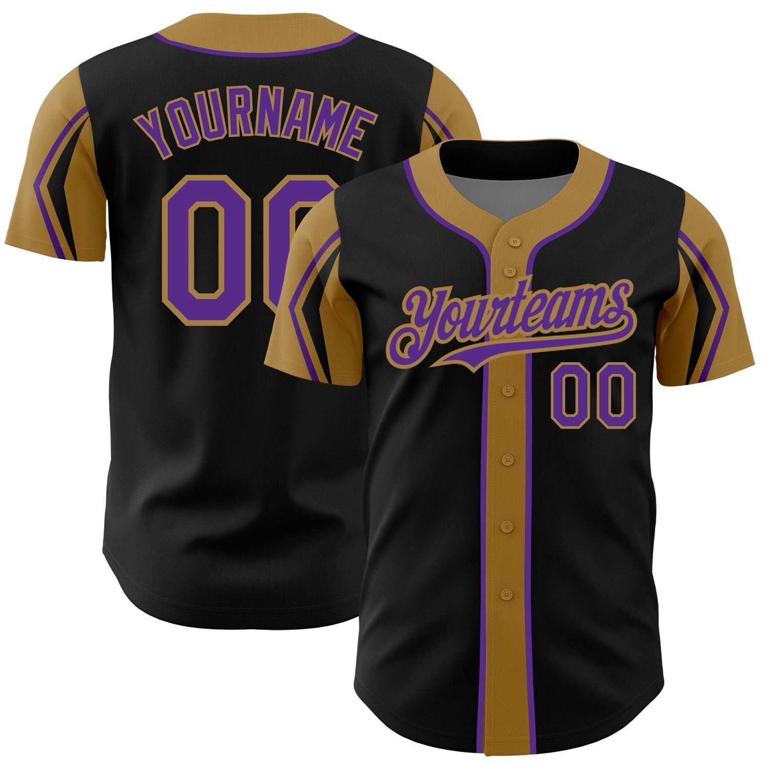 Custom Black Purple-Old Gold 3 Colors Arm Shapes Authentic Baseball Jersey - Sky-Custom