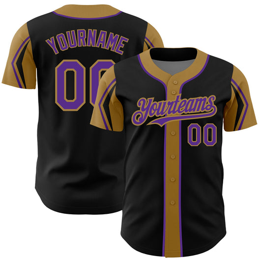 Custom Black Purple-Old Gold 3 Colors Arm Shapes Authentic Baseball Jersey - Sky-Custom