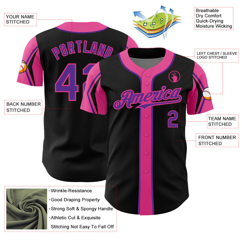 Custom Black Purple-Pink 3 Colors Arm Shapes Authentic Baseball Jersey - Sky-Custom