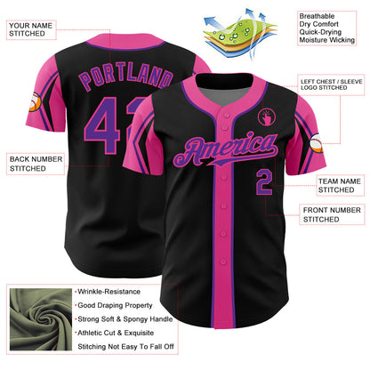 Custom Black Purple-Pink 3 Colors Arm Shapes Authentic Baseball Jersey - Sky-Custom