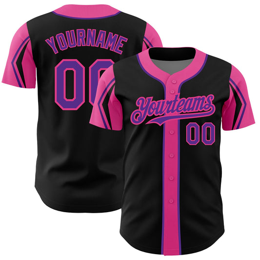 Custom Black Purple-Pink 3 Colors Arm Shapes Authentic Baseball Jersey - Sky-Custom