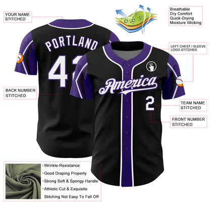 Custom Black White-Purple 3 Colors Arm Shapes Authentic Baseball Jersey - Sky-Custom
