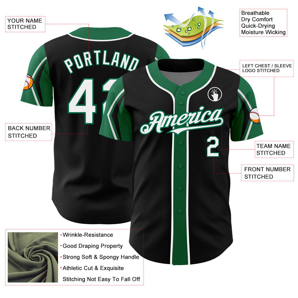 Custom Black White-Kelly Green 3 Colors Arm Shapes Authentic Baseball Jersey - Sky-Custom