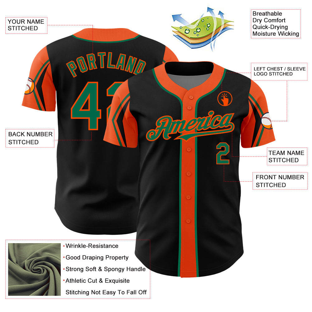 Custom Black Kelly Green-Orange 3 Colors Arm Shapes Authentic Baseball Jersey - Sky-Custom