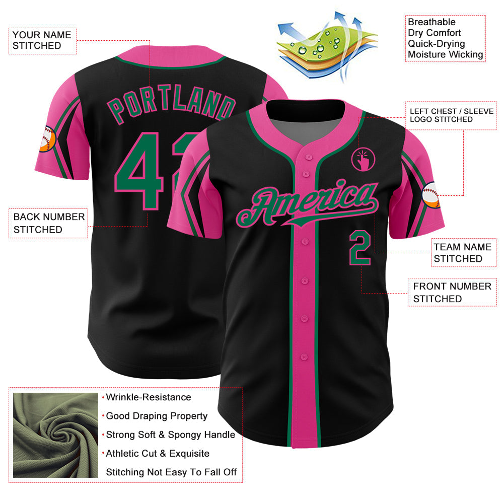 Custom Black Kelly Green-Pink 3 Colors Arm Shapes Authentic Baseball Jersey - Sky-Custom