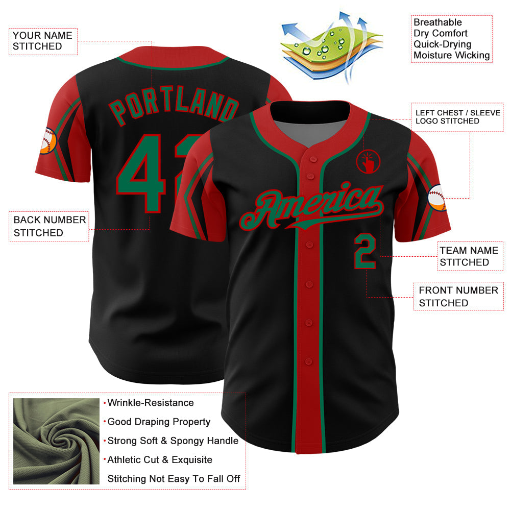 Custom Black Kelly Green-Red 3 Colors Arm Shapes Authentic Baseball Jersey - Sky-Custom