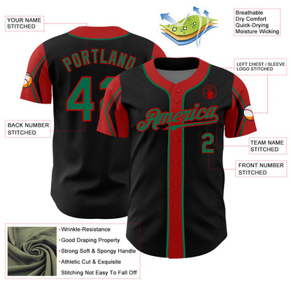 Custom Black Kelly Green-Red 3 Colors Arm Shapes Authentic Baseball Jersey - Sky-Custom