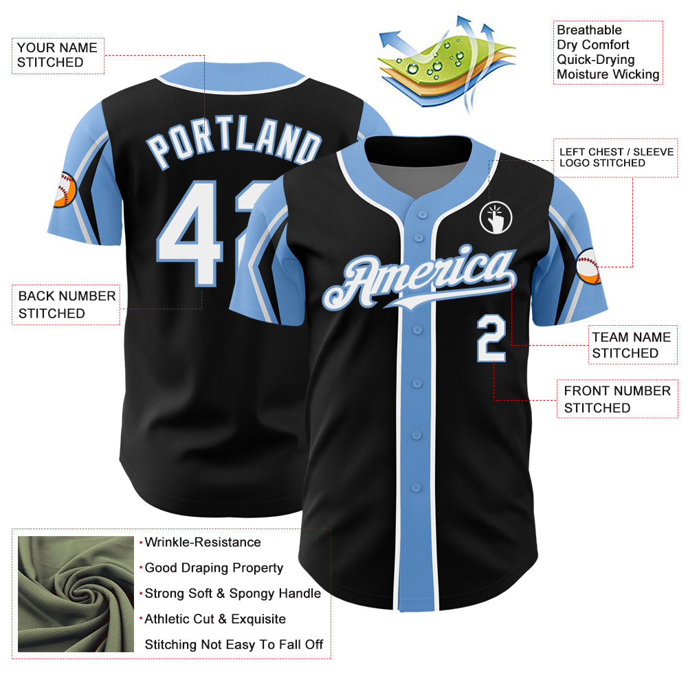 Custom Black White-Light Blue 3 Colors Arm Shapes Authentic Baseball Jersey - Sky-Custom