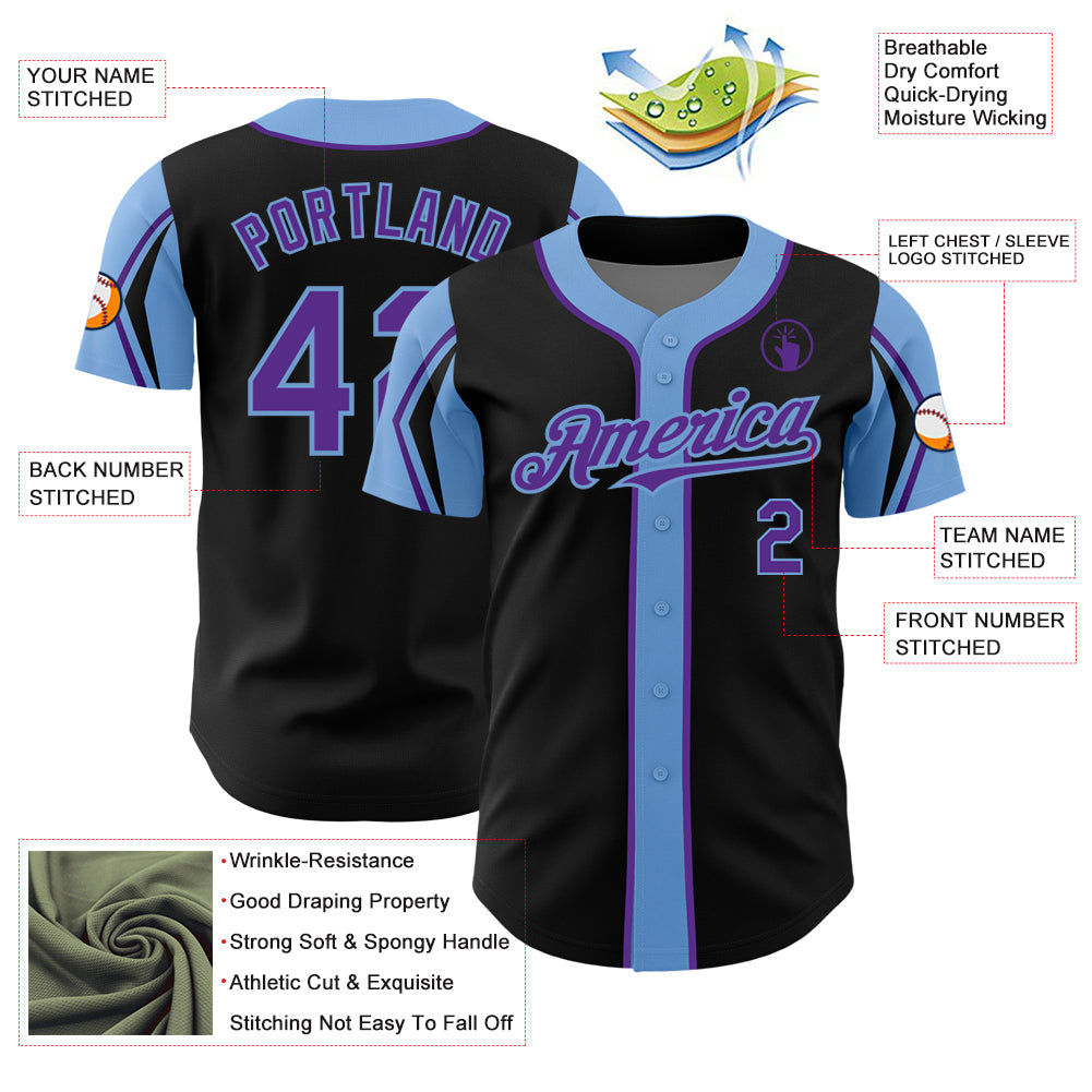 Custom Black Purple-Light Blue 3 Colors Arm Shapes Authentic Baseball Jersey - Sky-Custom