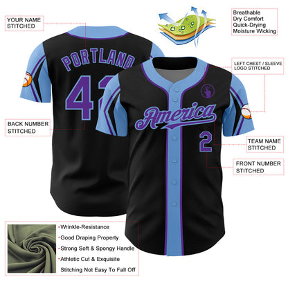 Custom Black Purple-Light Blue 3 Colors Arm Shapes Authentic Baseball Jersey - Sky-Custom