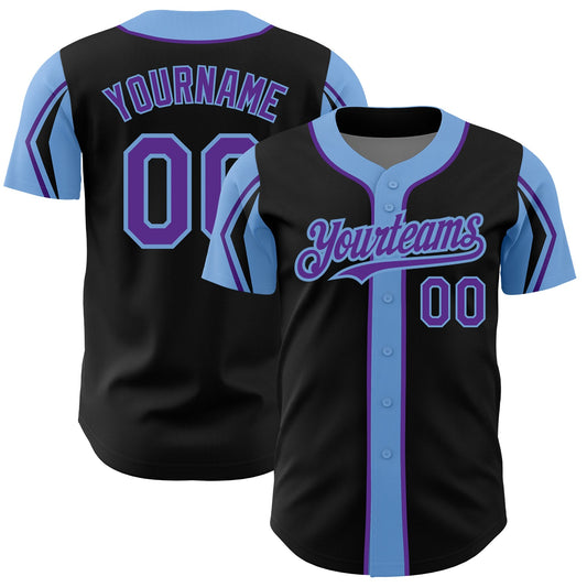 Custom Black Purple-Light Blue 3 Colors Arm Shapes Authentic Baseball Jersey - Sky-Custom