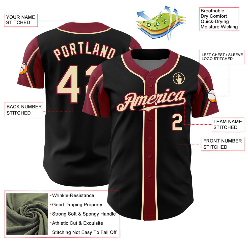 Custom Black City Cream-Crimson 3 Colors Arm Shapes Authentic Baseball Jersey - Sky-Custom