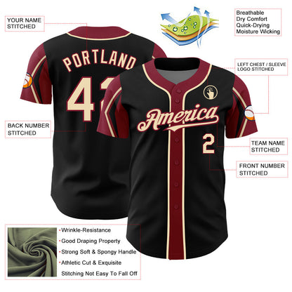 Custom Black City Cream-Crimson 3 Colors Arm Shapes Authentic Baseball Jersey - Sky-Custom