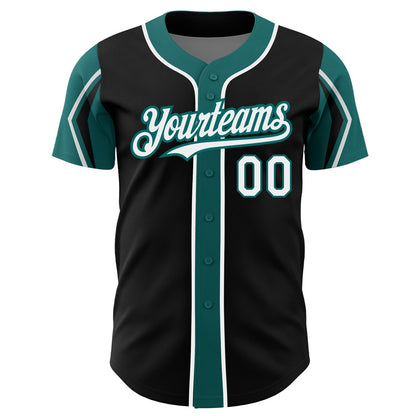 Custom Black White-Teal 3 Colors Arm Shapes Authentic Baseball Jersey - Sky-Custom