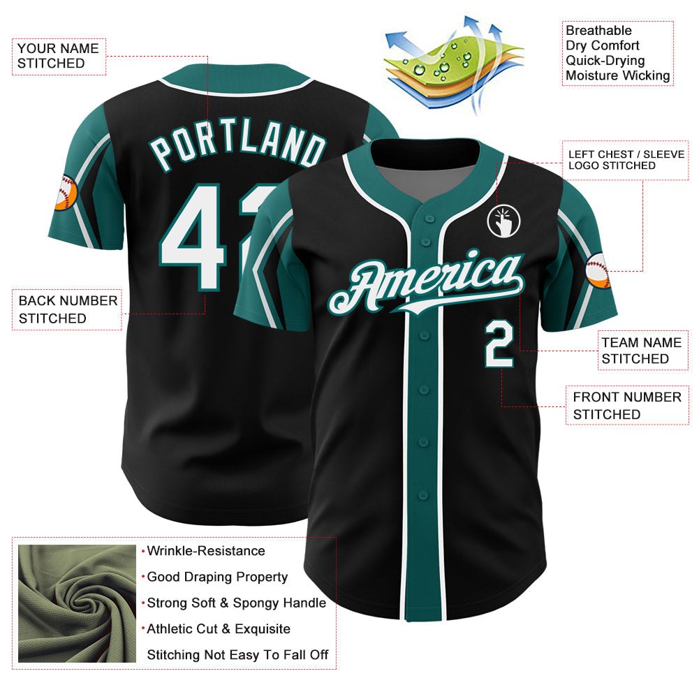 Custom Black White-Teal 3 Colors Arm Shapes Authentic Baseball Jersey - Sky-Custom