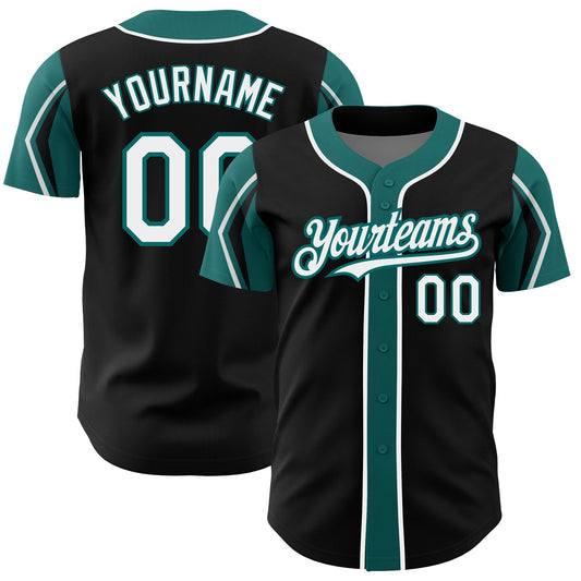 Custom Black White-Teal 3 Colors Arm Shapes Authentic Baseball Jersey - Sky-Custom