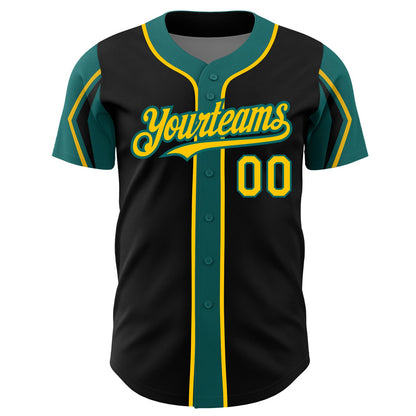 Custom Black Yellow-Teal 3 Colors Arm Shapes Authentic Baseball Jersey - Sky-Custom
