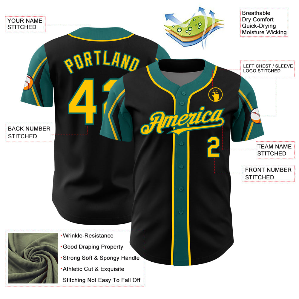 Custom Black Yellow-Teal 3 Colors Arm Shapes Authentic Baseball Jersey - Sky-Custom