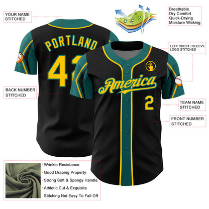 Custom Black Yellow-Teal 3 Colors Arm Shapes Authentic Baseball Jersey - Sky-Custom
